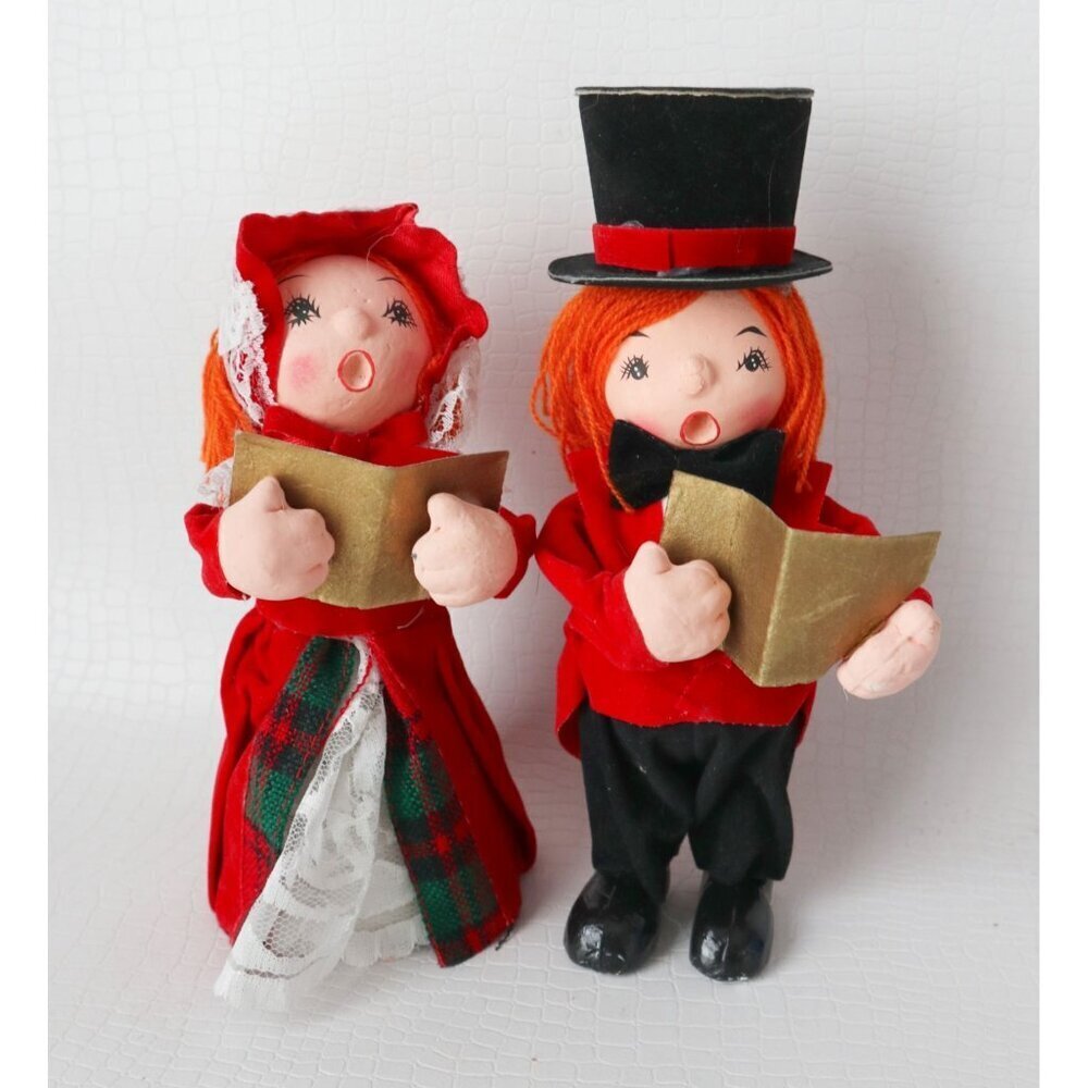Vintage Christmas Paper Mache Fabric Carolers Man Woman
